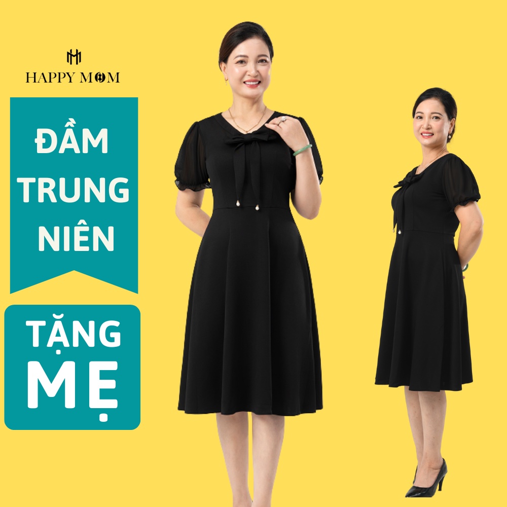 Váy trung niên sang trọng tặng mẹ thiết kế hiện đại chất vải umi co giãn 4 chiều mát ngắn tay Happy Mom đầm tặng mẹ