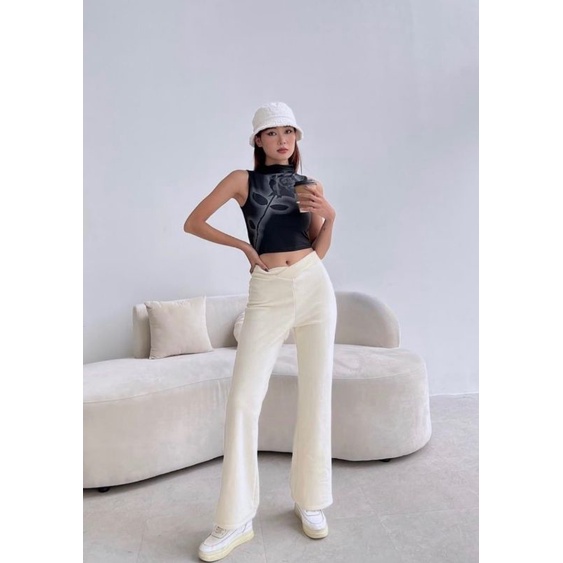 Quần ống rộng nữ thun gân dày - lưng may kiểu chữ V