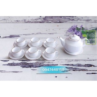Bộ ấm chén trắng dáng vuông chỉ vàng