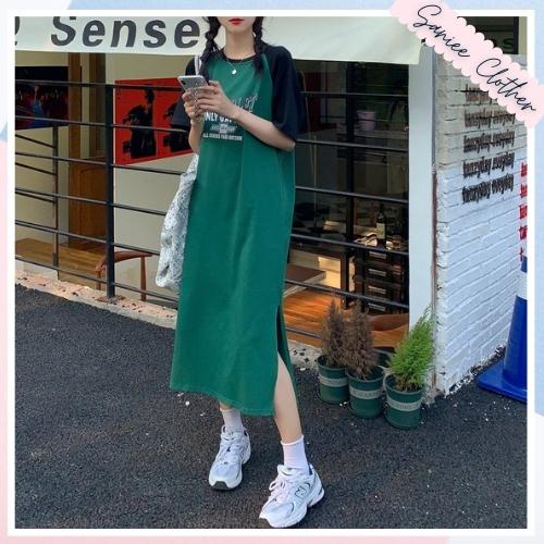Váy thun nữ dáng suông cổ tròn ulzzang đầm xuông nữ form rộng tay lỡ phối màu thoáng mát năng động Saniee Clother