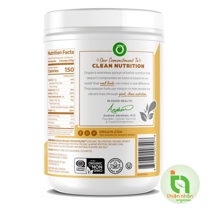 Bột đạm thực vật hữu cơ Orgain Simple 567g bơ lạc Organic Plant Protein Peanut Butter