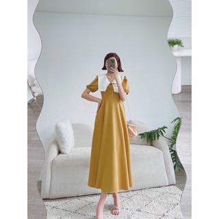 Đầm váy freesize vàng cổ trắng form dài