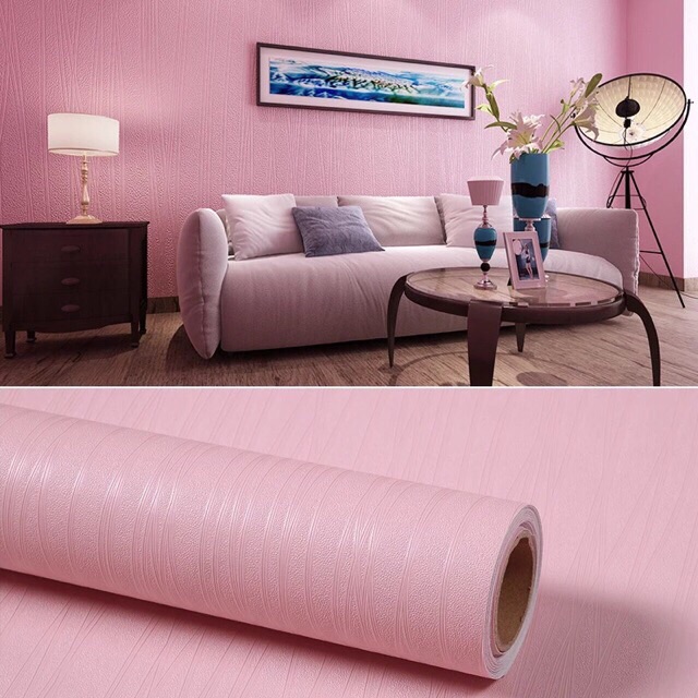 10m giấy dán tường vân chỉ nổi dày hồng keo sẵn khổ 45cm