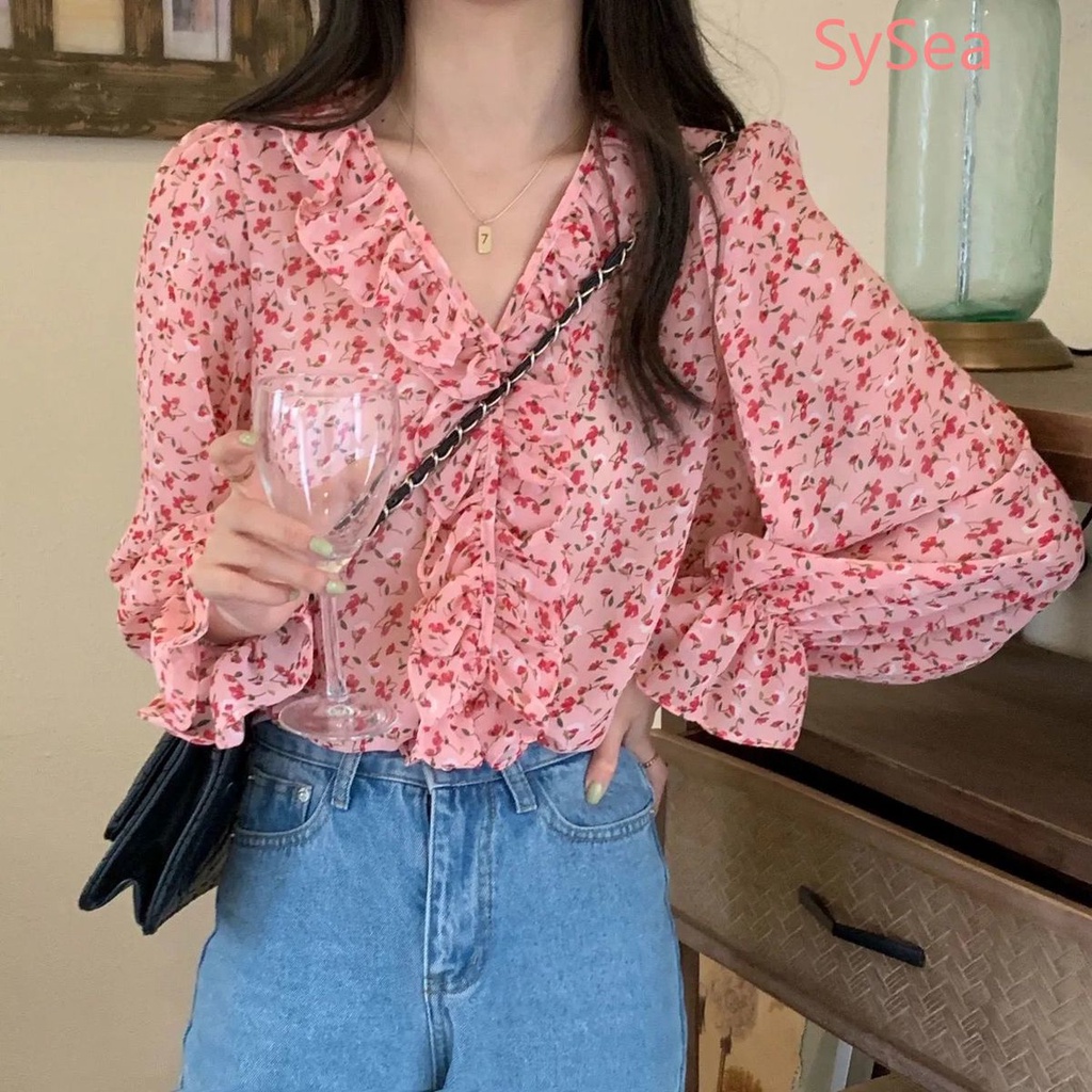 Áo Sơ Mi Voan Hoa Dài Tay Cổ Tim Thời Trang Mùa Thu Pháp Dành Cho Nữ