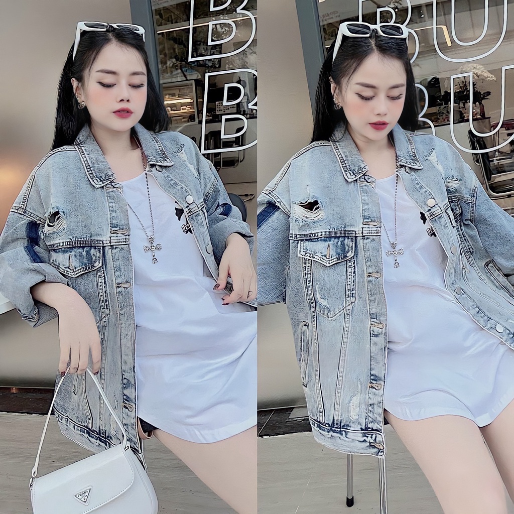 Áo Khoác Jeans Loang Rách Nữ Dài Tay Áo Sơ Mi Bò Nữ Dáng Rộng G0202