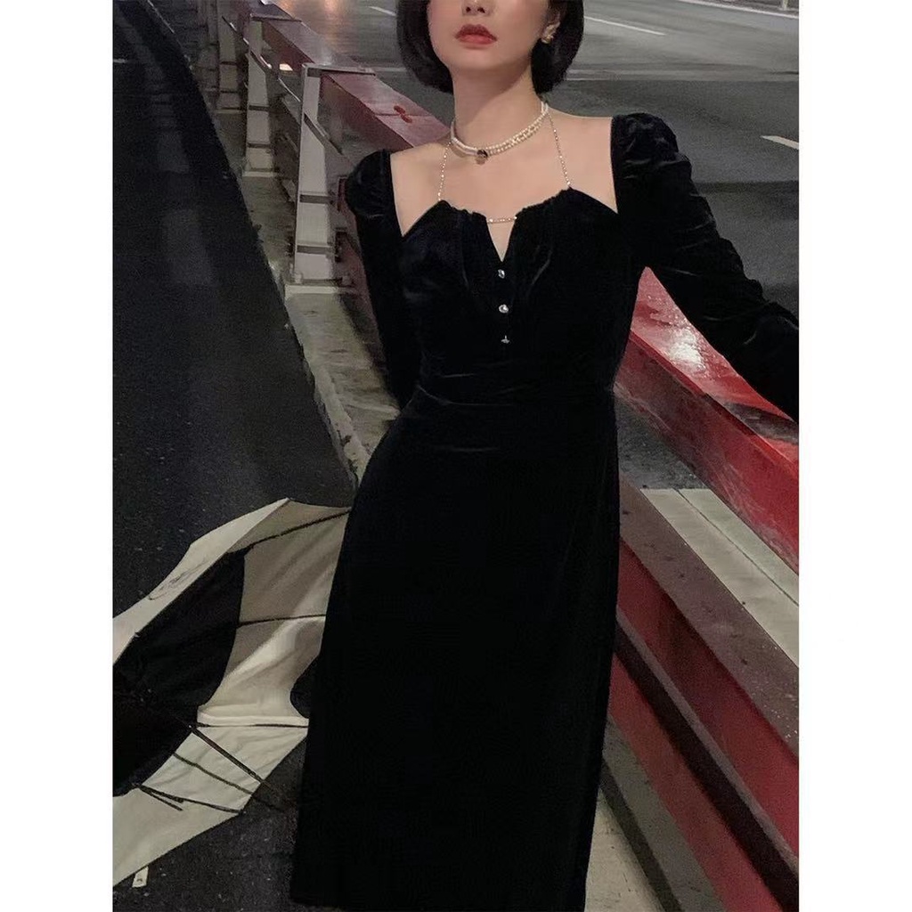 Đầm nhung đen tay phồng phong cách Pháp thời trang mùa thu dành cho nữ