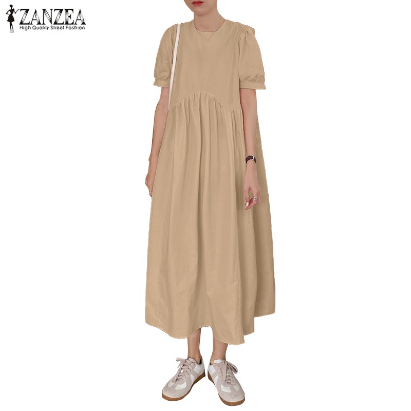 ZANZEA Đầm Dài Màu Trơn Đơn Giản Nữ Tính Dễ Thương | BigBuy360 - bigbuy360.vn