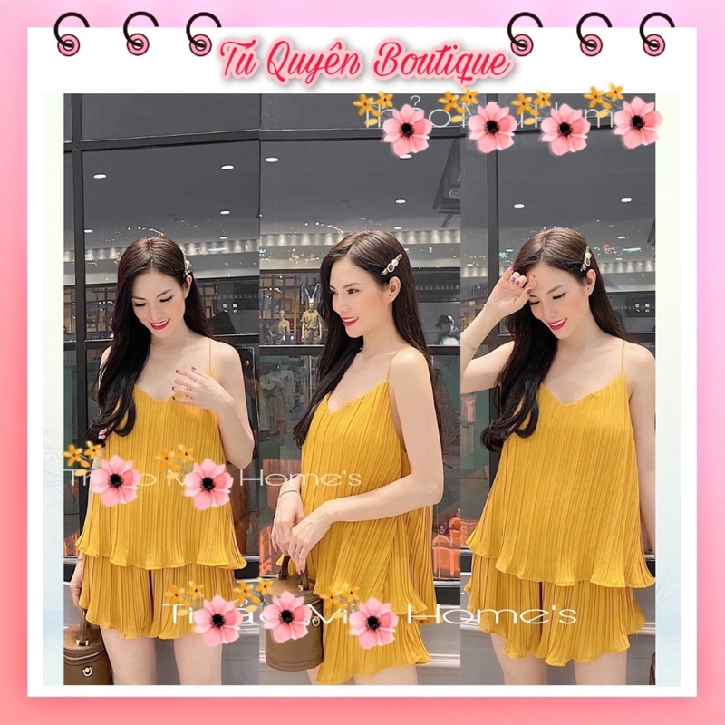 đồ bộ nữ mùa hè, Bộ đồ nữ 2 dây dập ly, quần đùi ống rộng giả váy