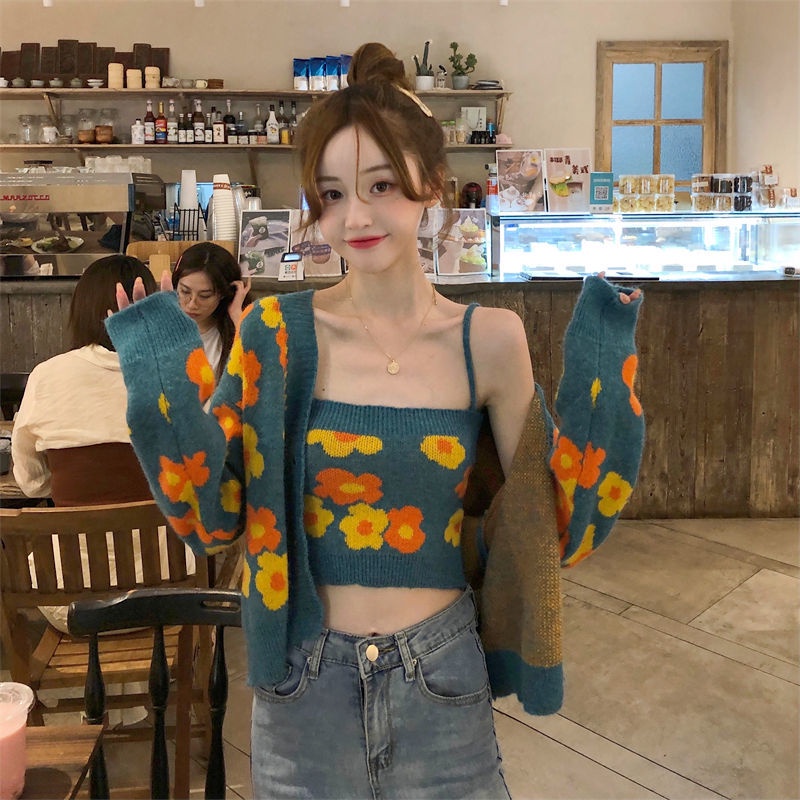Áo khoác cardigan dệt kim dáng ôm in hoa thời trang xuân thu