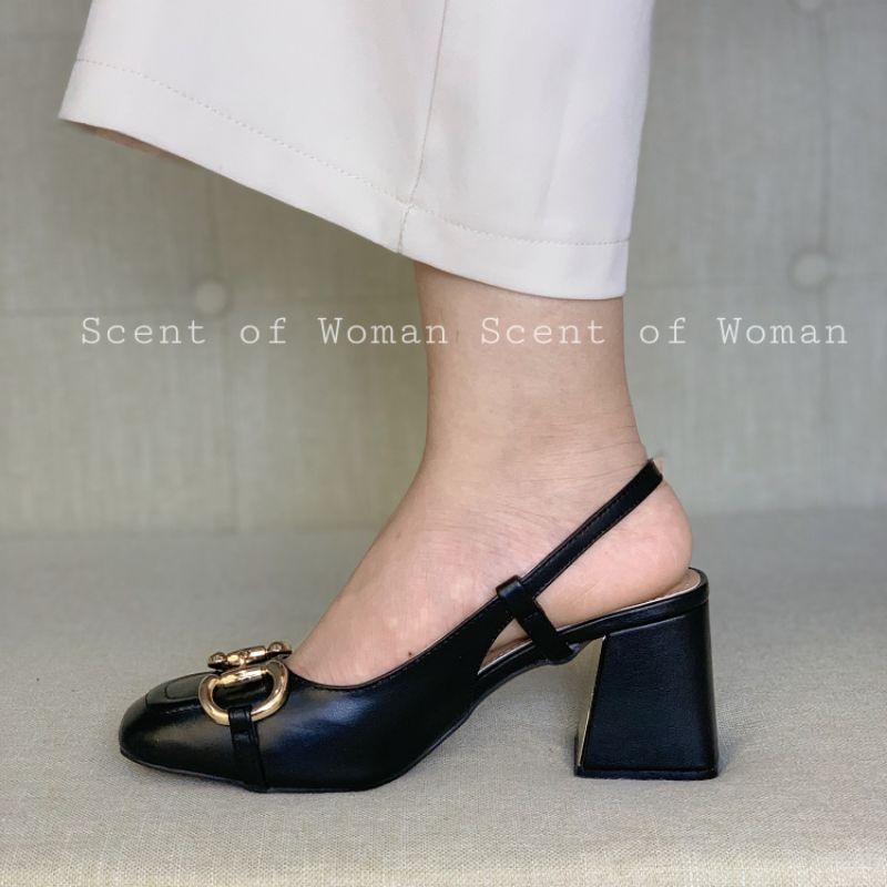 Giày cao gót nữ mũi vuông gắn khoá thời trang gót trụ cao 7.5cm