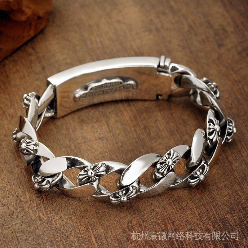 Vòng Tay Bạc 925 Bản Rộng 1.4cm Mặt Chữ Thập Phong Cách Retro Cho Nam