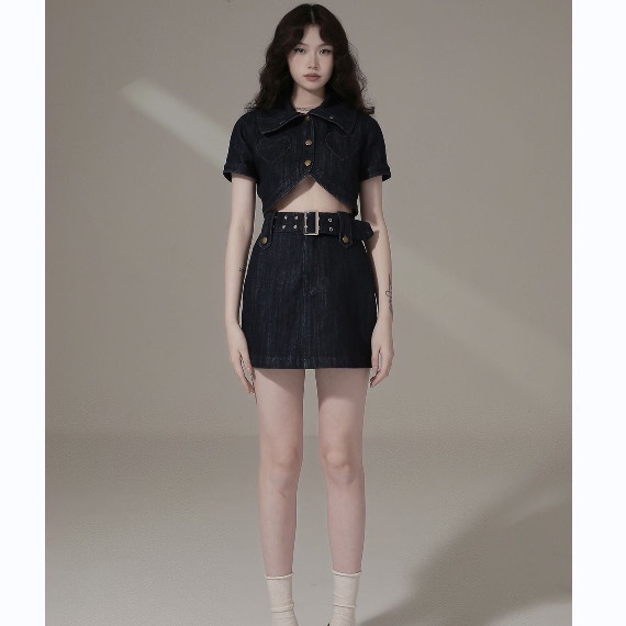 ﹊✉Bộ Áo Sơ Mi Denim + Chân Váy Ngắn Lưng Cao Thời Trang Mùa Hè Phong Cách Mới Ngọt Ngào Cho Nữ