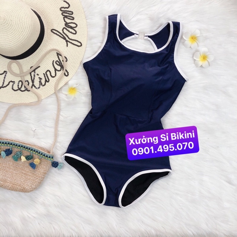 [ĐỒ BƠI LIỀN MẢNH CAO CẤP] Bikini 1 mảnh nữ khoét lưng GÀI KHÓA SAU màu XANH ĐEN viền trắng cá tính
