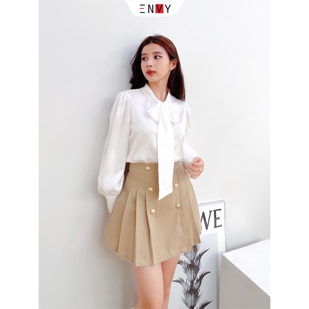 Áo sơ mi lụa nữ ENVY S123 thiết kế cột nơ tay dài