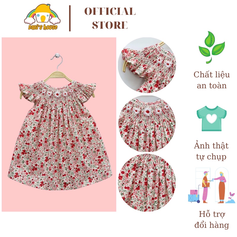 Váy Đầm Cho Bé Gái, Đầm Smock Thêu Tay Kiểu Cánh Tiên Họa Tiết Hoa Cúc Bánh Bèo Dễ Thương Size 1 Tuổi -10 Tuổi
