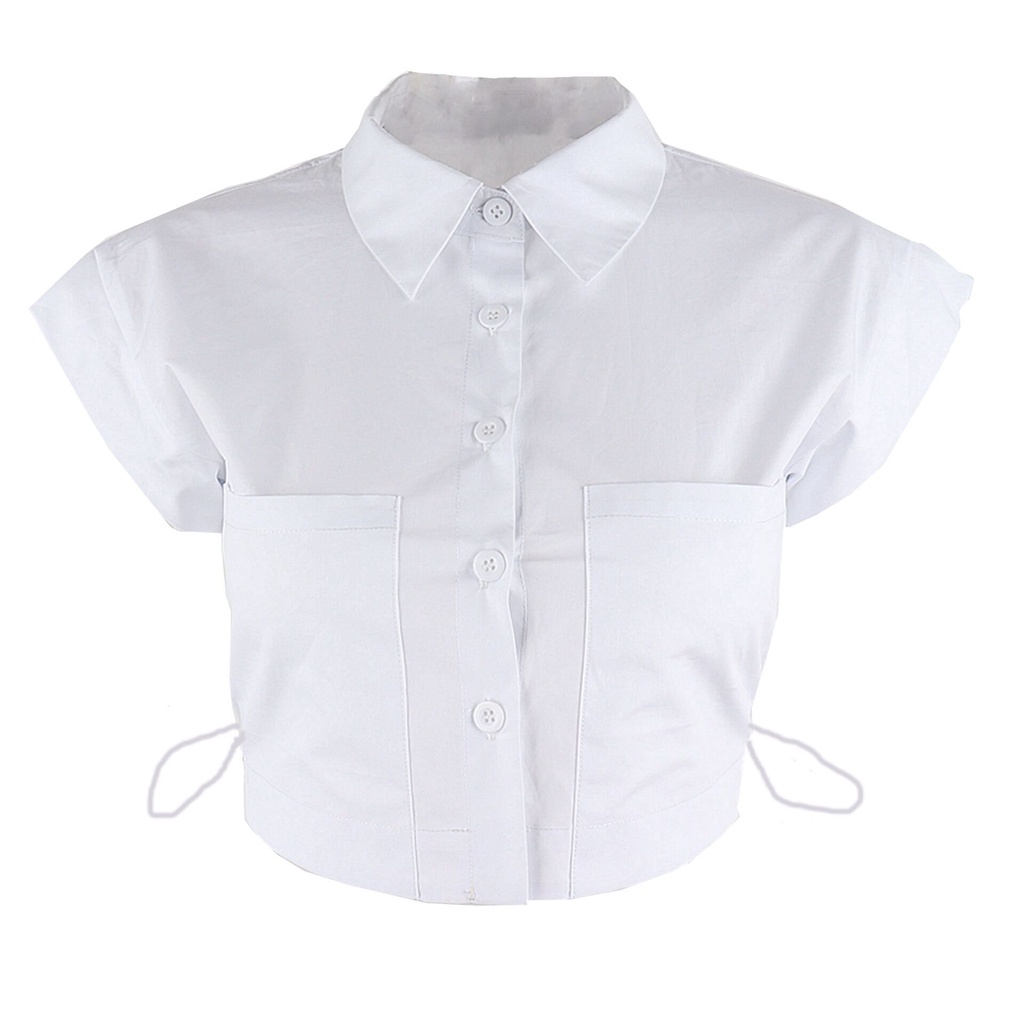 DUNEA Áo Tay Ngắn Cổ Polo Phối Dây Rút Phối Nút Thời Trang Cho Nữ