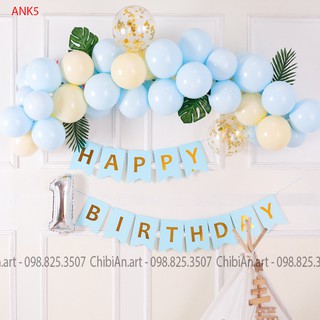 Set phụ kiện trang trí sinh nhật ANK5 cho bé đẹp rẻ - Bóng bay - Kèm Phông bạt & In tên - Màu xanh pastel