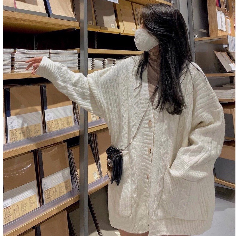 Áo Cardigan Len Dáng Dài Vặn Thừng Form Rộng Vintage