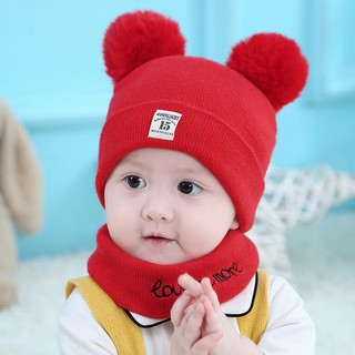 Bộ khăn + mũ len 2 quả bông cho bé