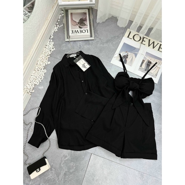 Set áo sơmi kèm bra nơ + quần đùi
