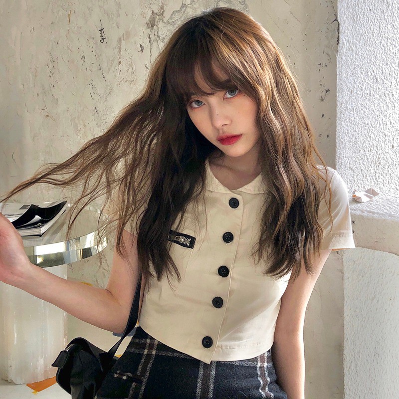 Áo sơ mi kiểu Croptop nữ Thiết kế Retro Ngắn tay Ulzzang Hàn Quốc Áo Sơ mi Cộc kiểu Nữ Croptop Tay Ngắn Thời trang