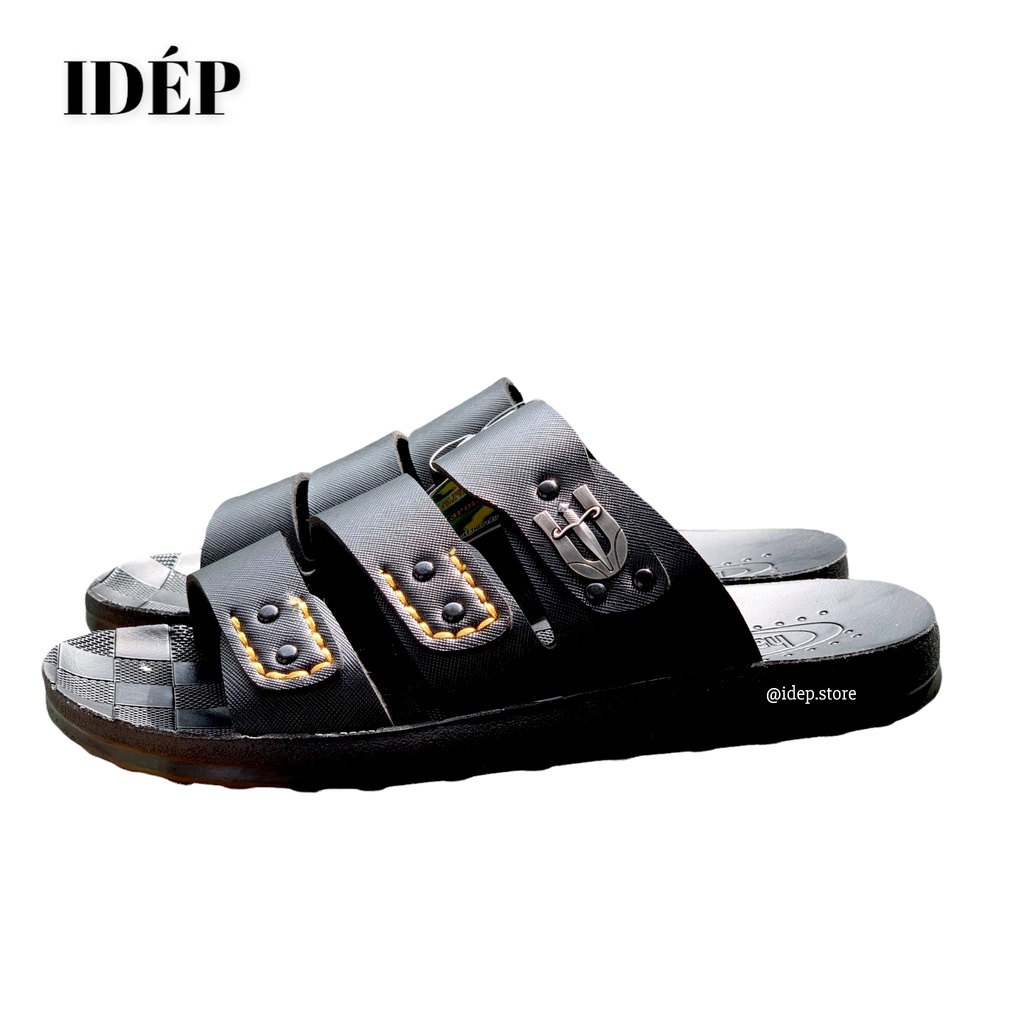 Dép da nam 3 quai ngang ChangFa cao cấp đế PU đúc nguyên khối cho nam trung niên iDÉP DL090
