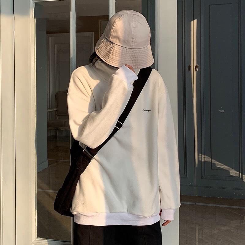 Áo Nỉ Sweater Cổ Khóa  Áo thun nỉ dài tay có cổ form rộng freesize Màu Trắng phong cách Ulzzang