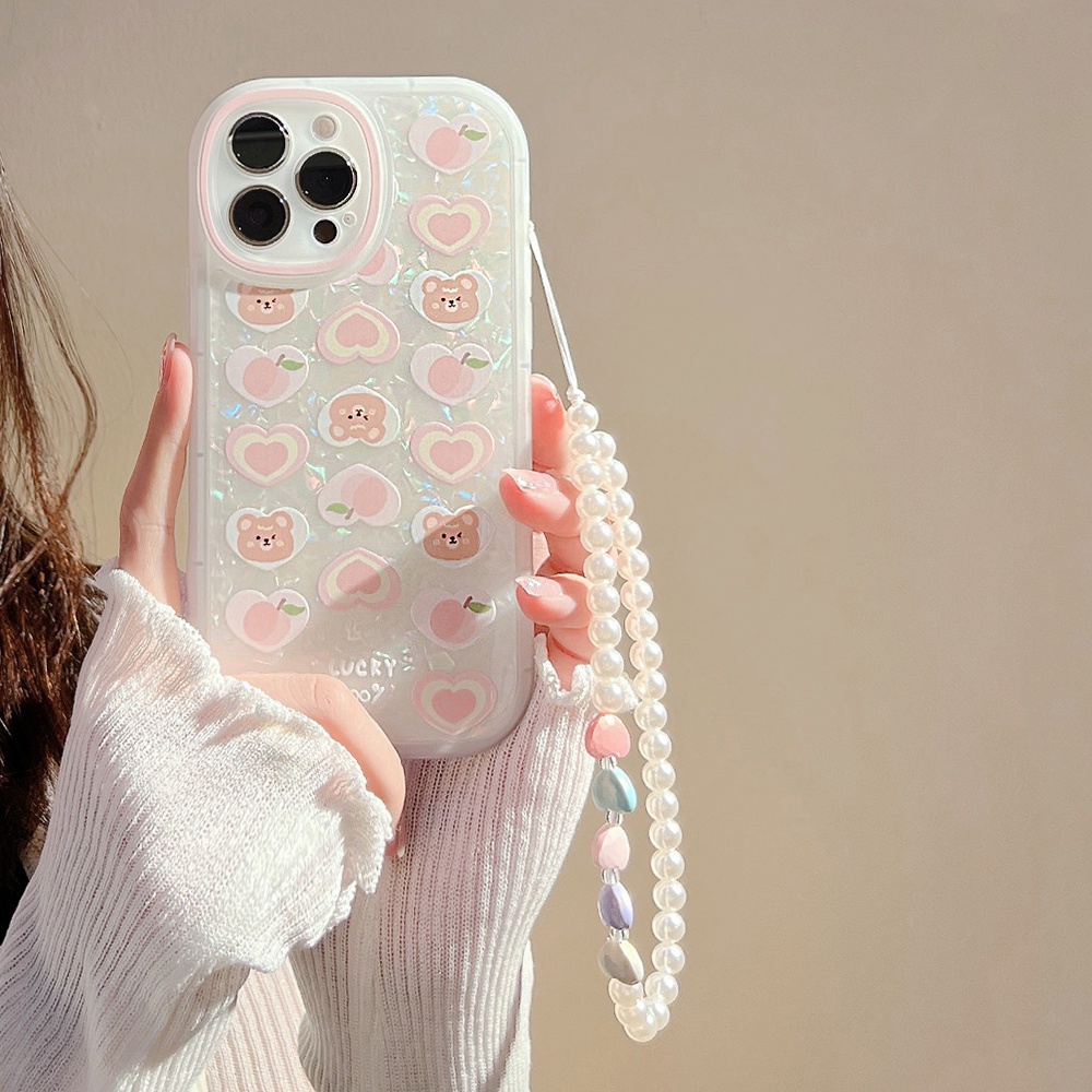 Ốp Điện Thoại Họa Tiết Trái Đào Có Dây Đeo Tay Cho Iphone 13 pro max 12 pro max 11 pro max xs max xr x 7 8 plus