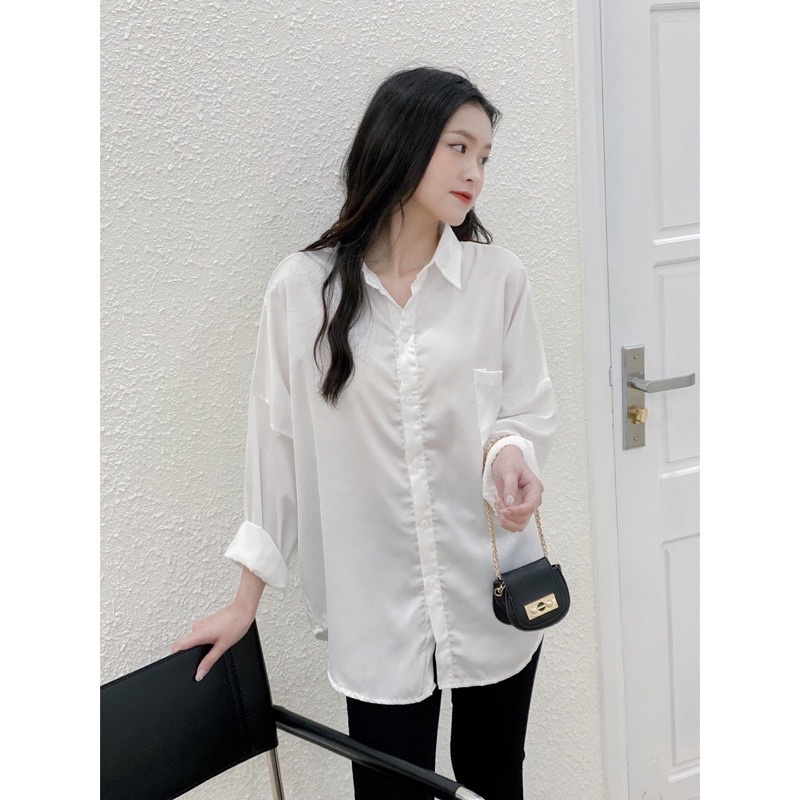 Áo sơ mi trắng basic túi ngực dáng rộng Lumii