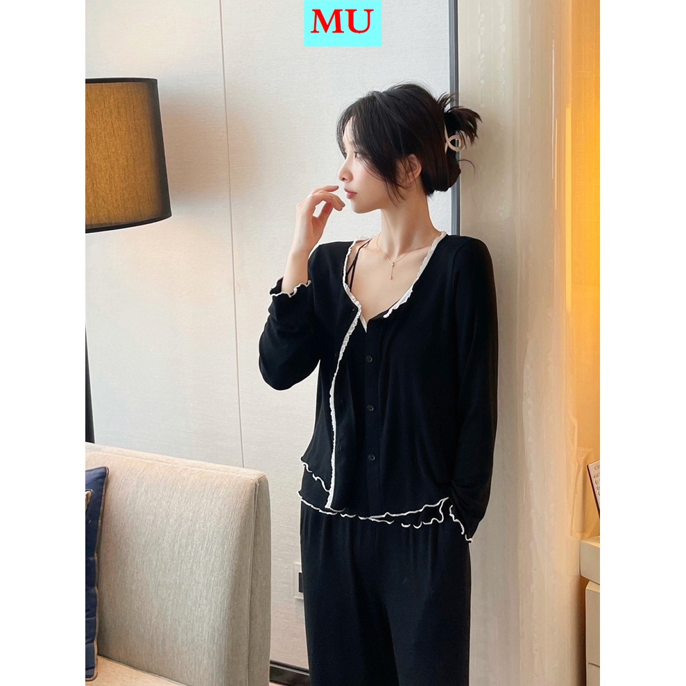 Bộ đồ ngủ 3 món gồm áo hai dây + áo dài tay vải cotton nguyên chất mỏng có đệm ngực thời trang mùa thu quyến rũ cho nữ
