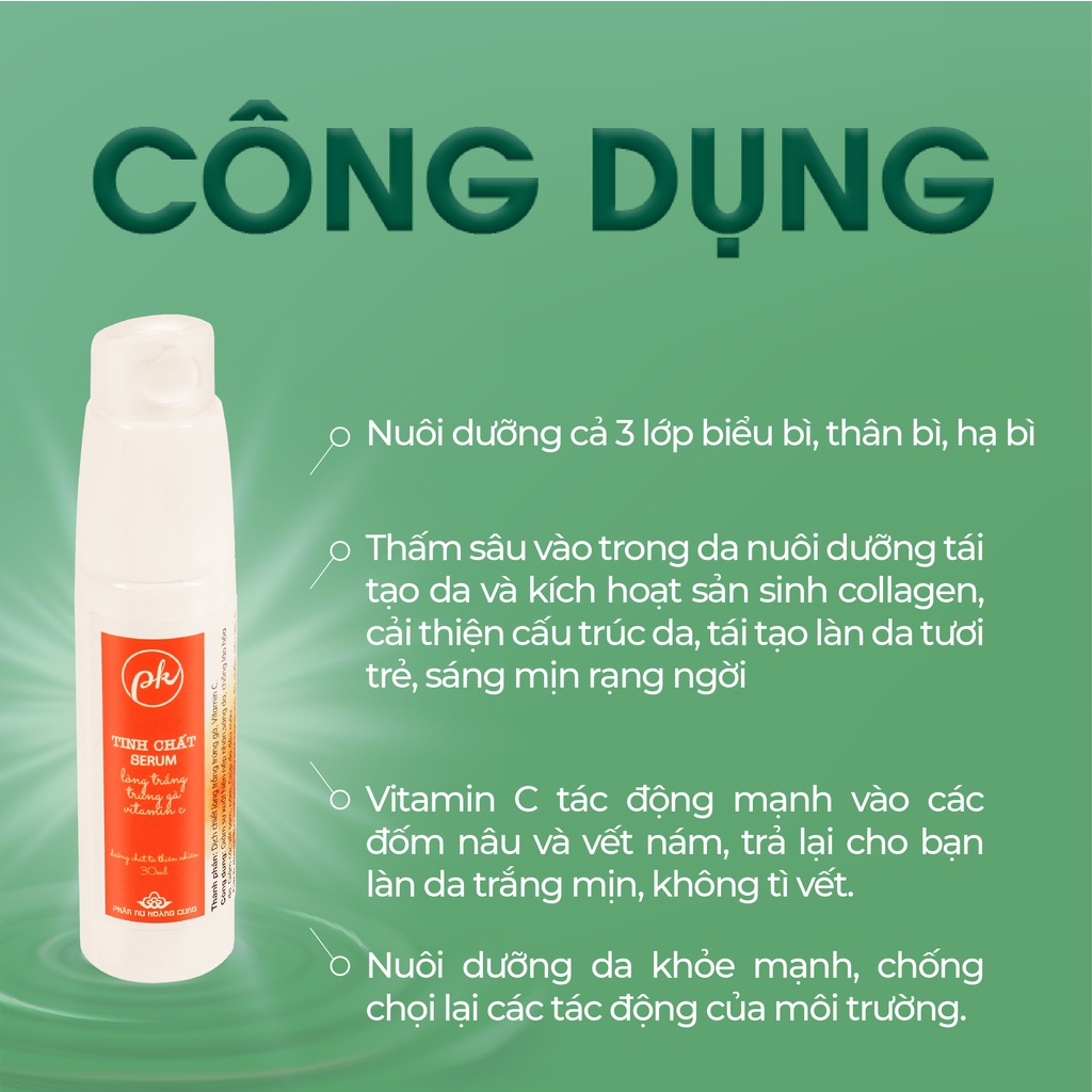 Tính chất serum Phấn nụ Hoàng Cung giúp nuôi dưỡng,tái tạo làn da,kích hoạt sản sinh collagen cải thiện cấu trúc da 30ml