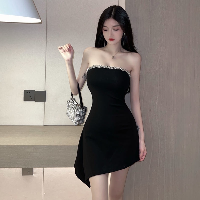 Đầm Nữ Trễ Vai Dáng Ôm Màu Đen Đính Đá Lấp Lánh Thời Trang Quyến Rũ