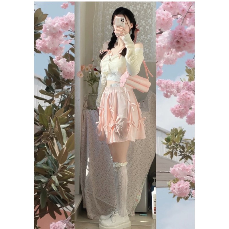 Set áo 2 dây croptop+áo cardigan tay dài + chân váy hồng đính nơ xinh xắn phong cách ulzzang Sam Sam Boutique