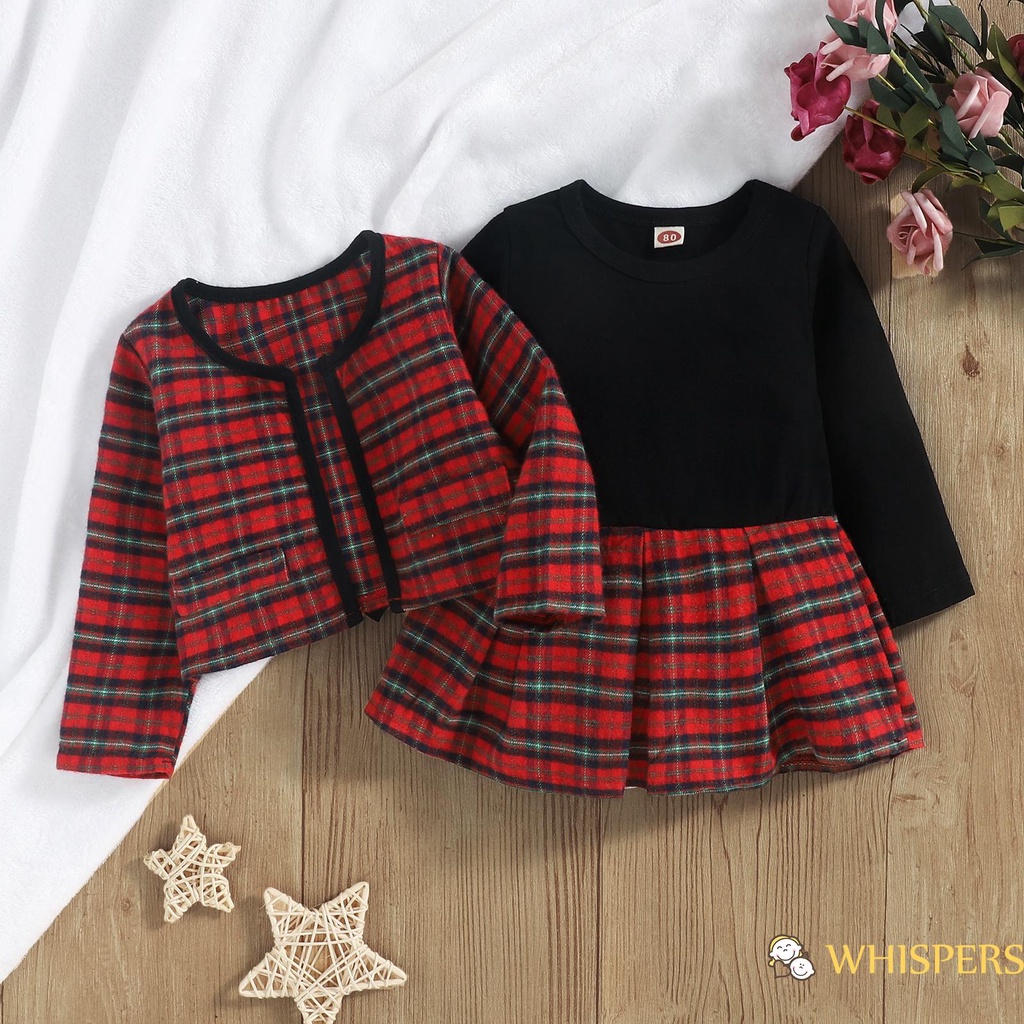 Set Áo Khoác Cardigan + Đầm Dài Tay In Họa Tiết Caro Cho Bé Gái