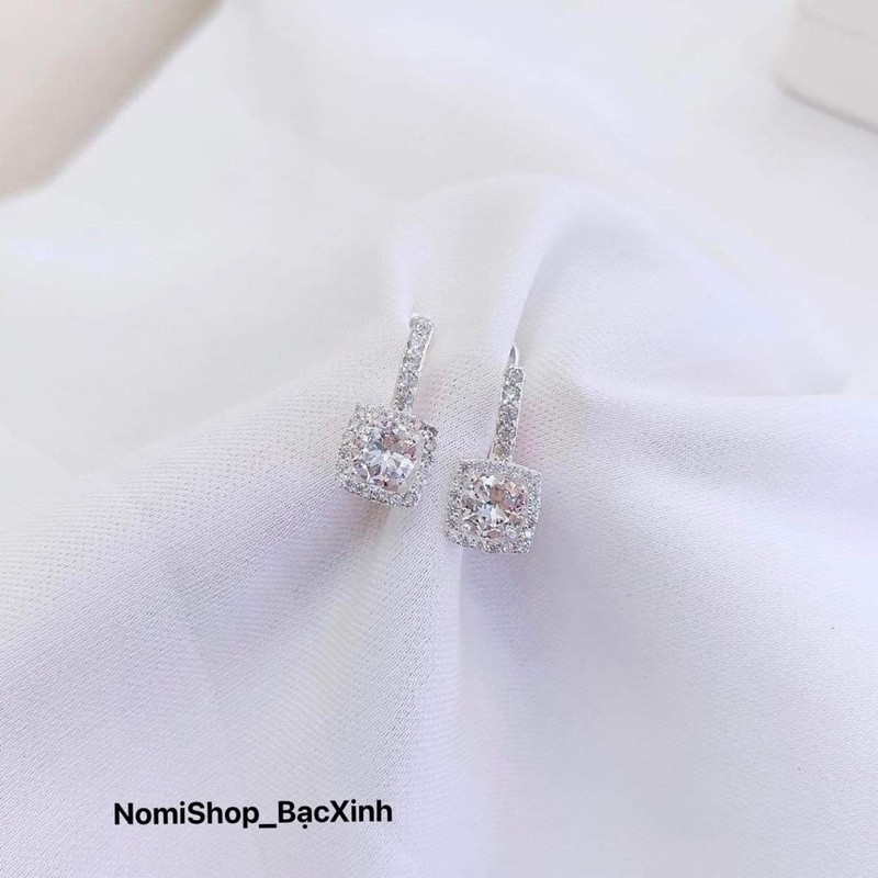 Bông tai đá vuông bấm bật cao cấp xịn xò chuẩn bạc Mainomi Shop Bạc Xinh