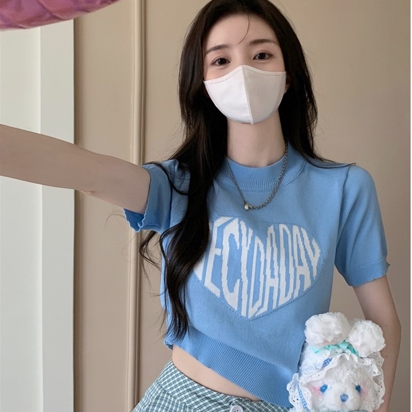 Áo Thun Dệt Kim Ngắn Tay Ôm Dáng In Chữ Và Trái Tim Thời Trang Phong Cách Hàn Quốc Cho Nữ