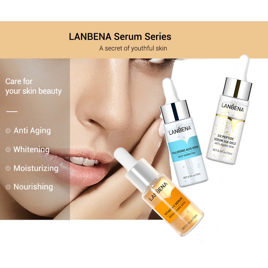 Serum dưỡng ẩm LANBENA Hyaluronic Acid/ Vitamin C/ 24K Vàng Sáu Peptide làm trắng da chống lão hóa 15ml