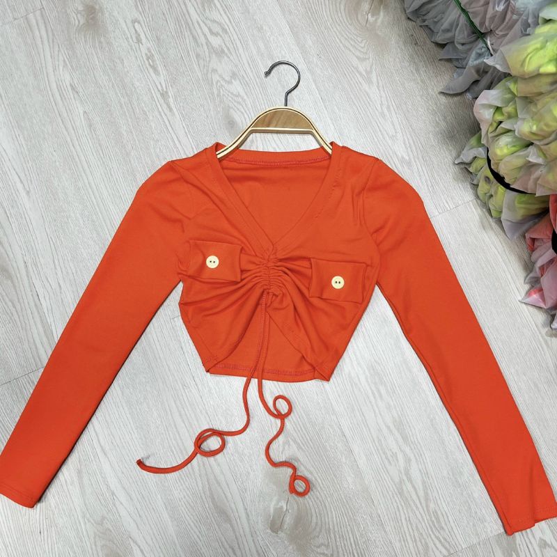 Áo tay dài croptop rút ngực phối 2 nút borip cao cấp