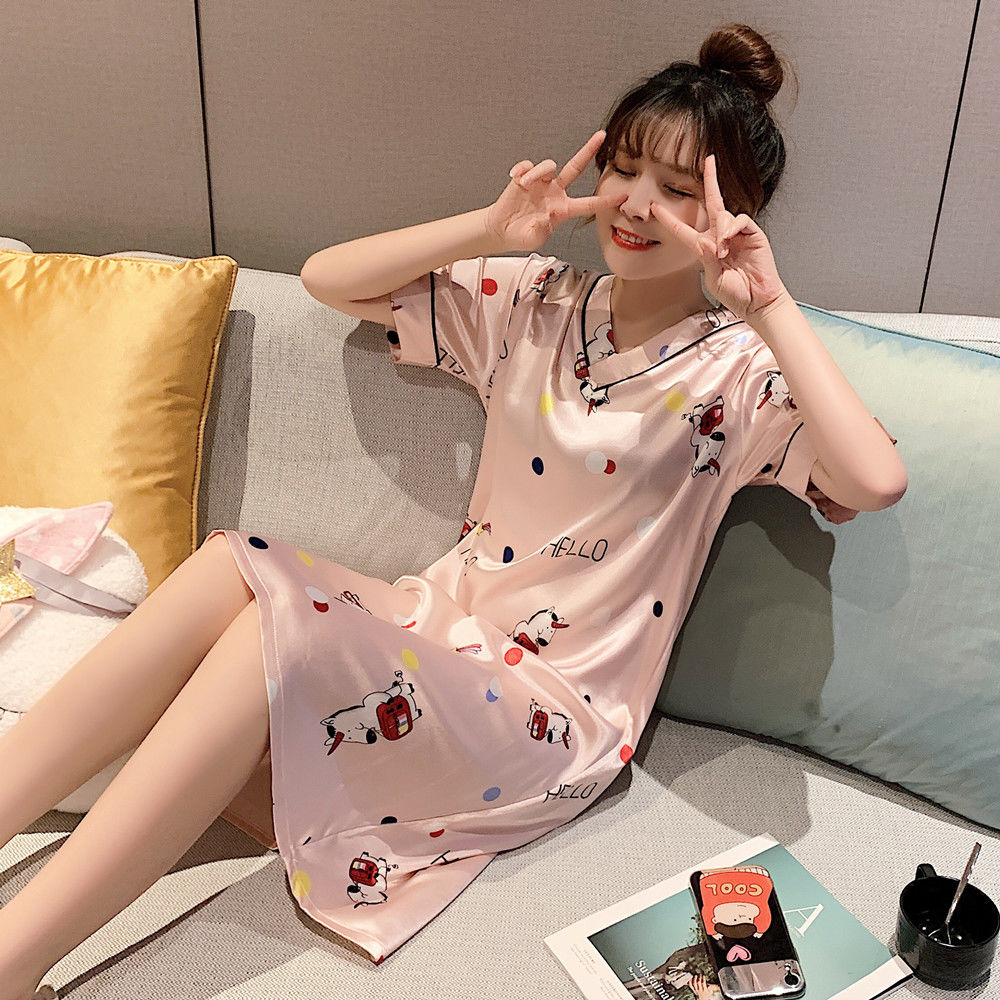 Váy Ngủ Nữ Mùa Hè Băng Lụa Ngắn Tay Sinh Viên Hàn Quốc Dễ Thương Lỏng Lẻo Mùa Hè Lớn Kích Thước Đồ Ngủ Ngọt Ngào Phim Hoạt Hình Nhà Dịch Vụ