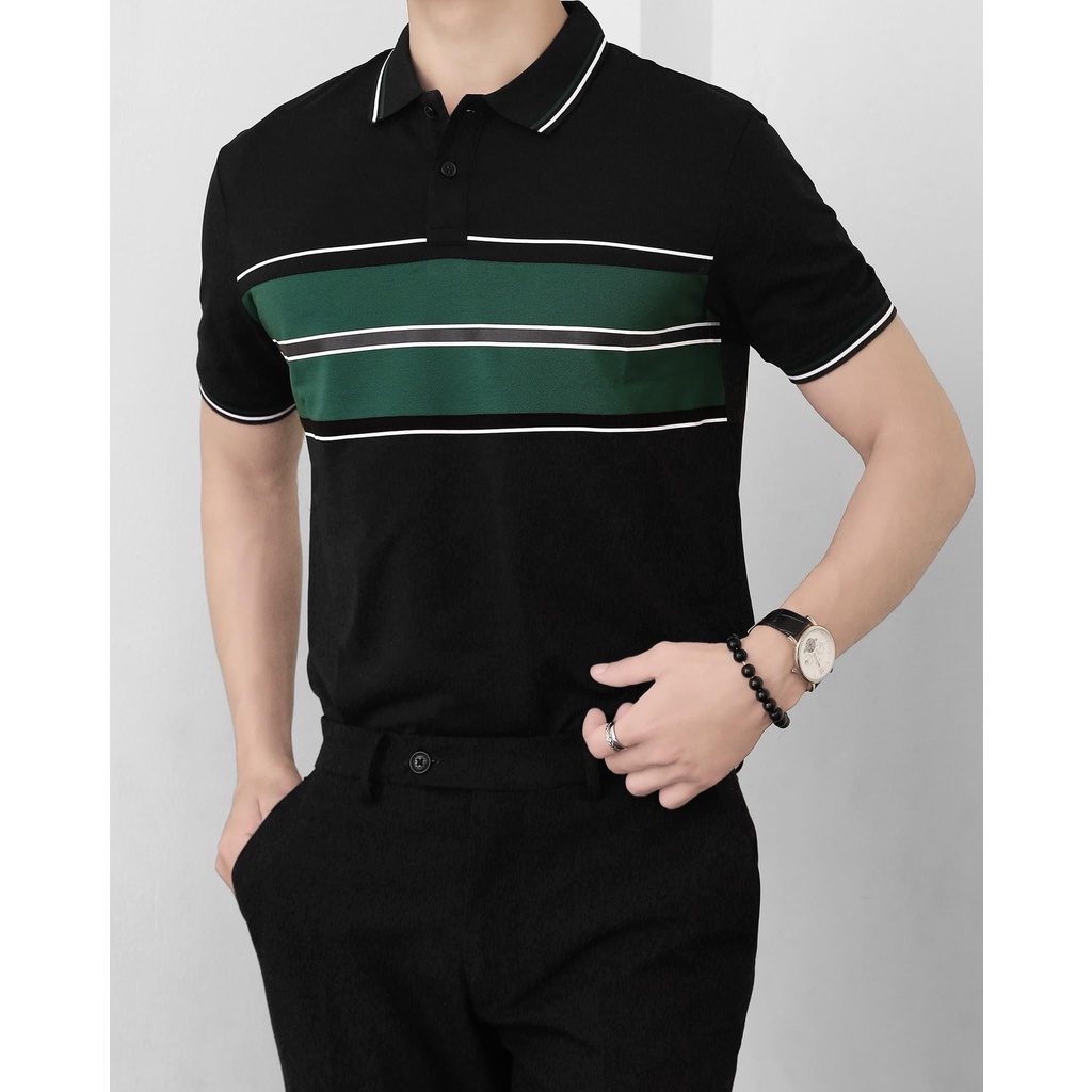 Áo Polo, áo thun nam cao cấp sọc xanh ngang đen trắng UP SIZE XXL 74kg  form ôm dáng chuẩn, chất thun lạnh cotton thoáng