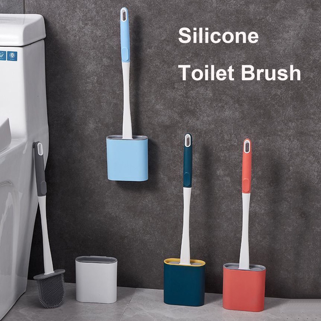 ❤LANSEL❤ Clean Any Corner Cleaning Toilet Brush Set Bathroom Soft Toilet Brush Long Handle Wall-Mounted With Lid with Toilet Brush Holder WC Silicone Flex/Multicolor