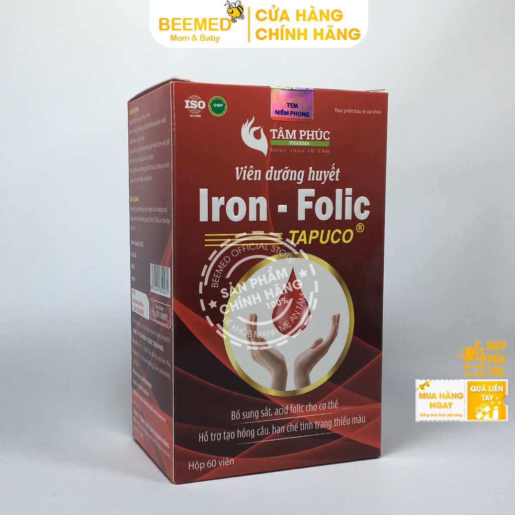 Vitamin cho mẹ bầu và sau sinh- Viên sắt bổ máu - Dưỡng huyết Iron Folic hộp 60 viên từ sắt hữu cơ và acid folic