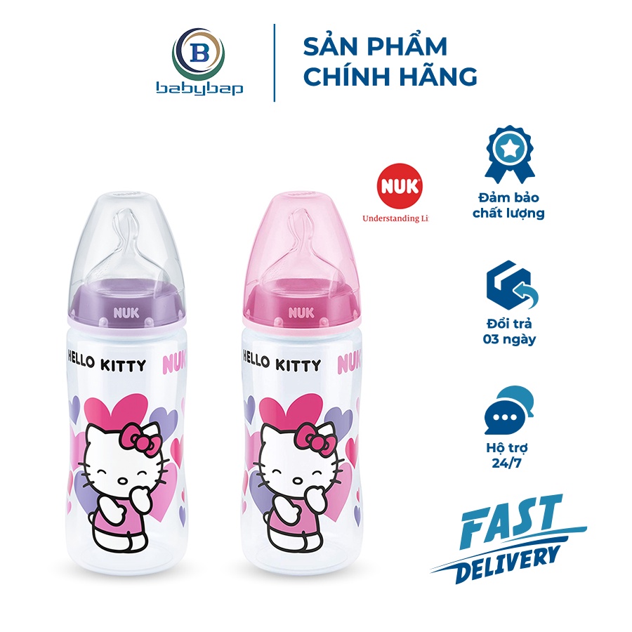 Bình Sữa NUK Premium Choice+ Nhựa PP 150ml/300ml (Hello Kitty) Núm Ti Có 1 Lỗ Tiết Sữa