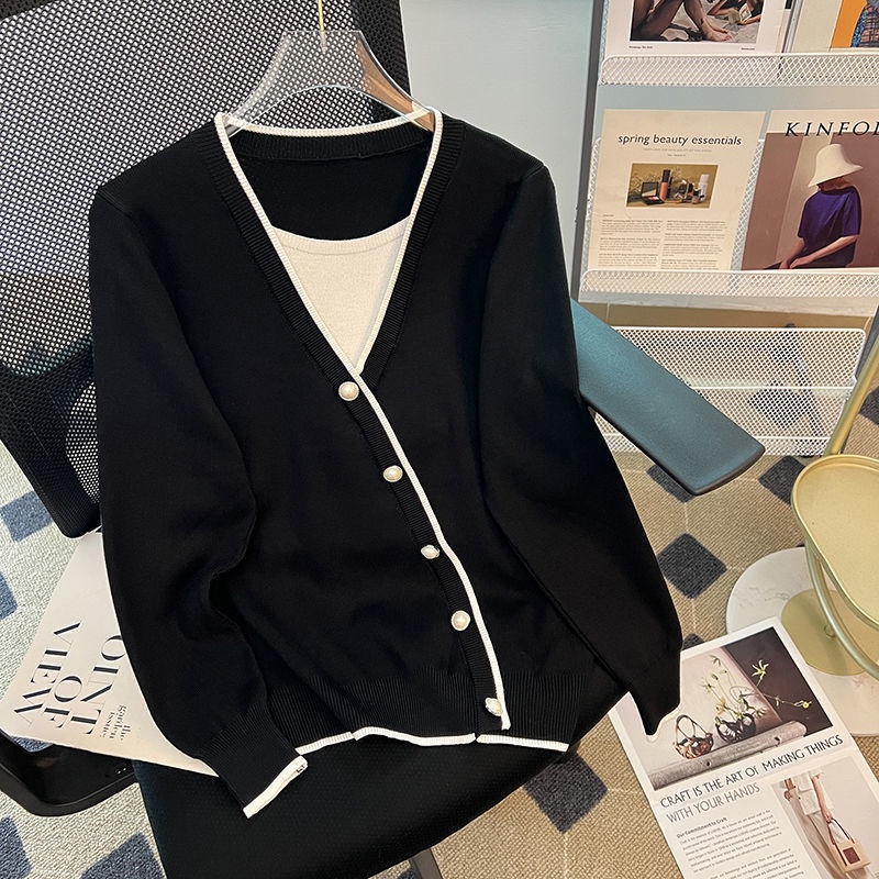 Áo Len Tay Dài Cổ Chữ V Giả Hai Lớp Phong Cách Hàn Quốc Thời Trang Thu Đông Cho Nữ