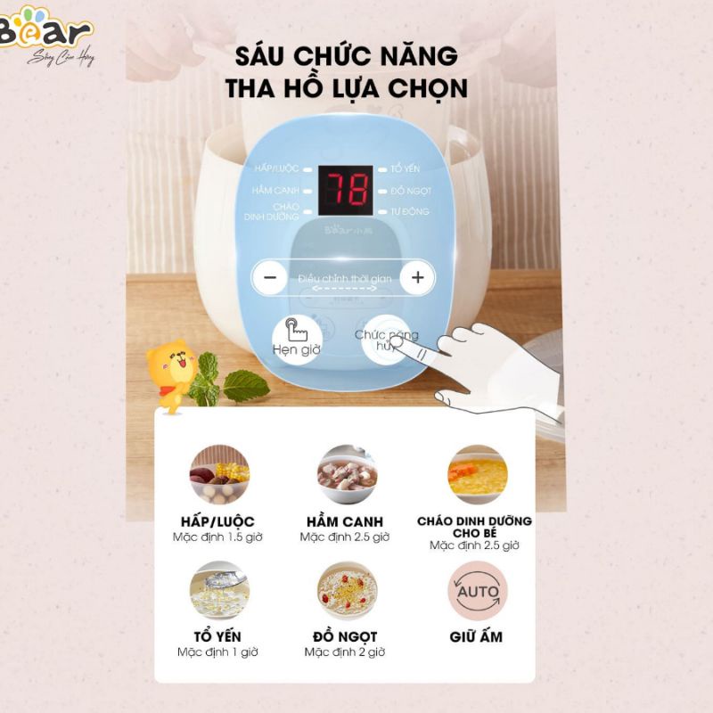 Nồi Bear 0.8L Nấu Cháo - Ninh - Hầm - Hấp - Chưng Cách Thủy (Bản Quốc Tế)