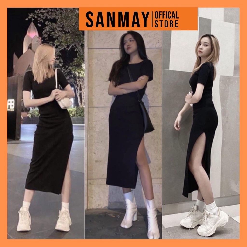 Đầm Body Sexy Nữ SANJOLI Váy Ôm Eo Ngắn Tay Dáng Thiết Kế Xẻ Tà Vải Thun Đen Đi Chơi Dự Tiệc Cưới VD058