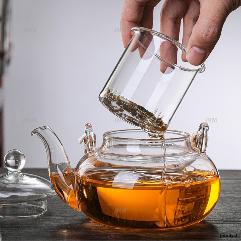 Bình trà thủy tinh trong suốt chịu nhiệt 600ml có tay cầm tre