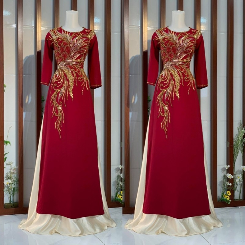 Áo dài sui gia – Áo dài mẹ cô dâu chú rể màu đỏ mận ADM014