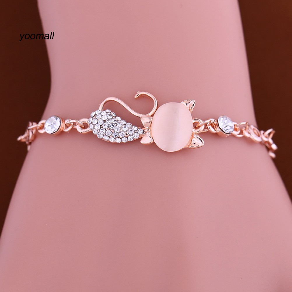 Vòng Tay Nữ Mặt Hình Mèo Đính Đá Opal Dễ Thương