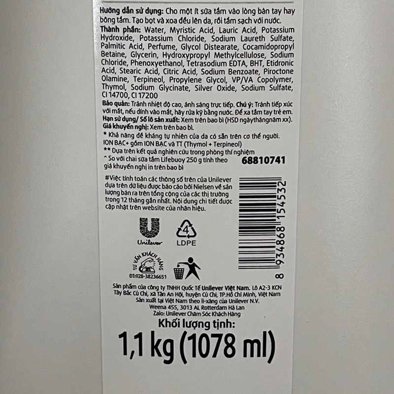 [HSD 2024] Sữa tắm Lifebuoy bảo vệ da vượt trội ion bạc 850g ( 833ml ) / 1,1kg ( 1078ml )